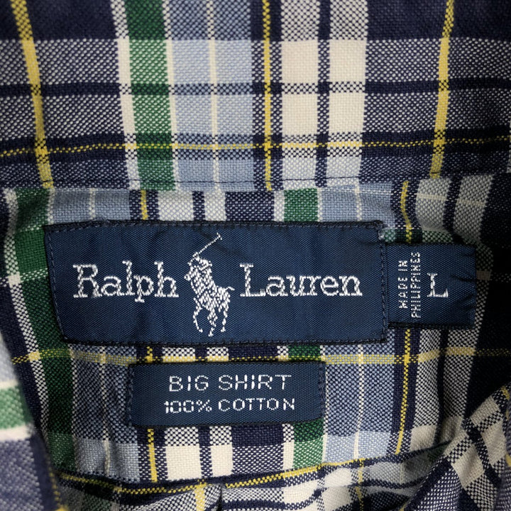 Ralph Lauren BIG SHIRT Long sleeve button-down check shirt Men's L size cotton navy blue type Vintage Second Hand