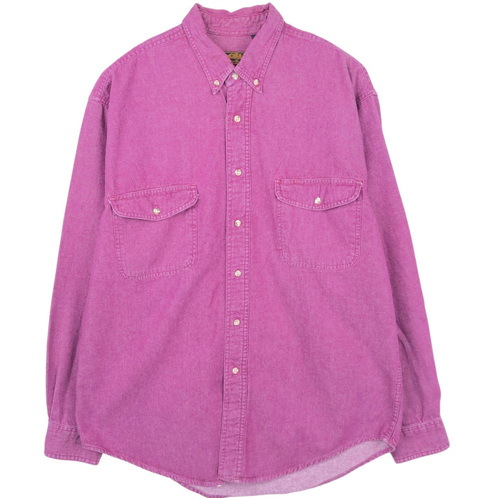 70s-80'S Eddie Bauer Long-Sleeve Button-Down Denim Shirt, Black Tag, Men's Size L (Equivalent), Vintage cotton purple type Vintage Second Hand