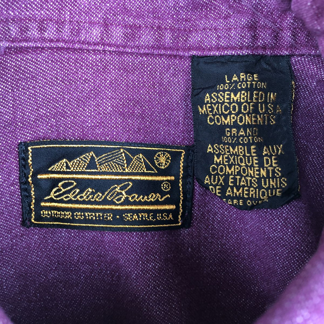 70s-80'S Eddie Bauer Long-Sleeve Button-Down Denim Shirt, Black Tag, Men's Size L (Equivalent), Vintage cotton purple type Vintage Second Hand