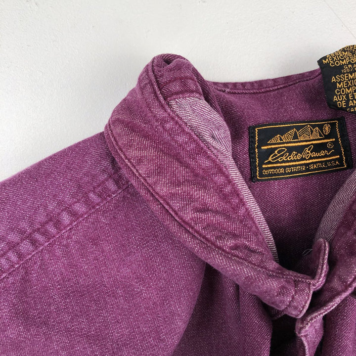 70s-80'S Eddie Bauer Long-Sleeve Button-Down Denim Shirt, Black Tag, Men's Size L (Equivalent), Vintage cotton purple type Vintage Second Hand