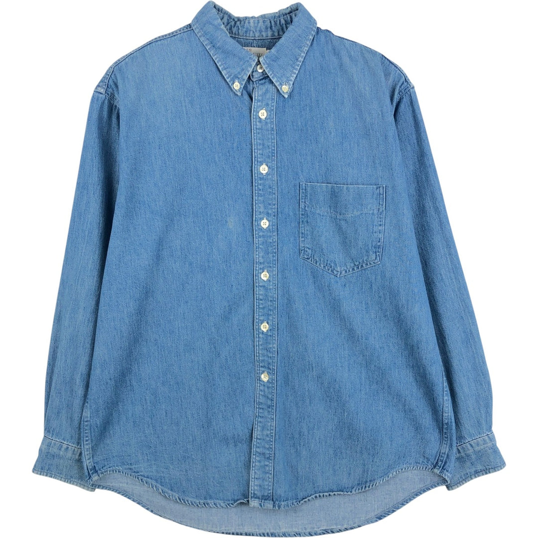 90'S J.Crew Long-Sleeve Button-Down Denim Shirt, Made in USA, Men's Size L (Equivalent), Vintage cotton blue type Vintage Second Hand