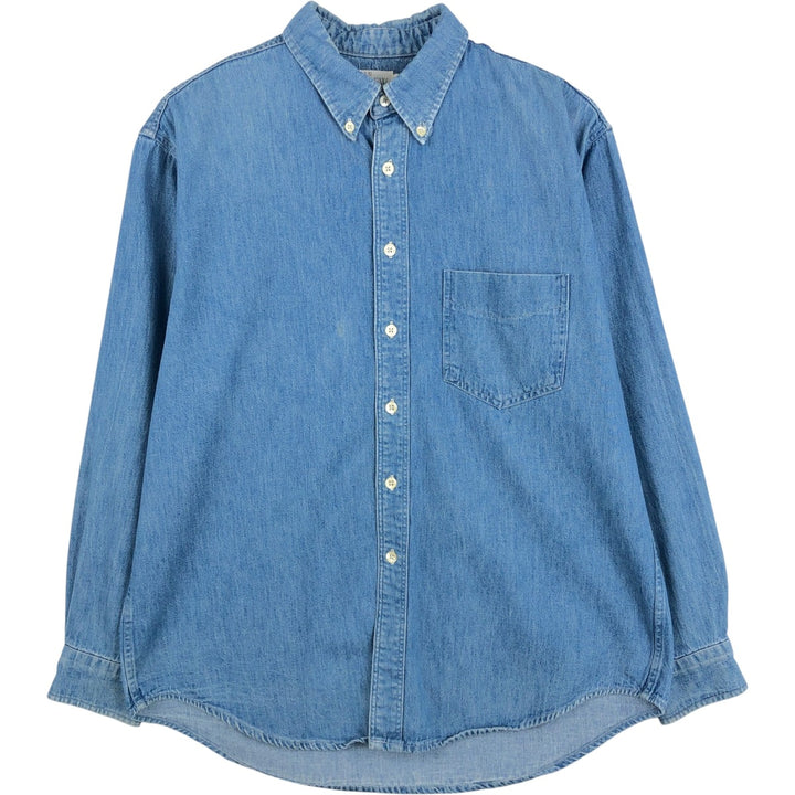 90'S J.Crew Long-Sleeve Button-Down Denim Shirt, Made in USA, Men's Size L (Equivalent), Vintage cotton blue type Vintage Second Hand