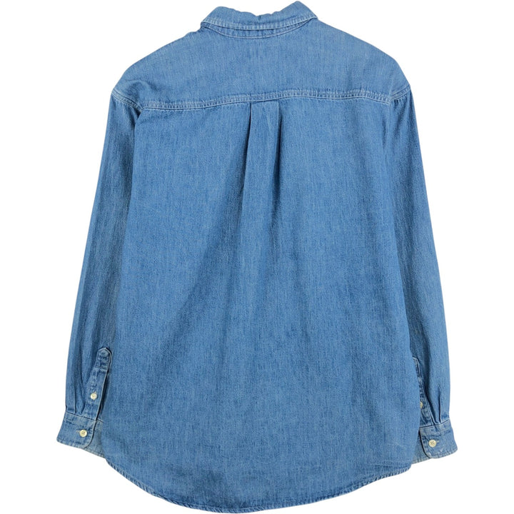90'S J.Crew Long-Sleeve Button-Down Denim Shirt, Made in USA, Men's Size L (Equivalent), Vintage cotton blue type Vintage Second Hand