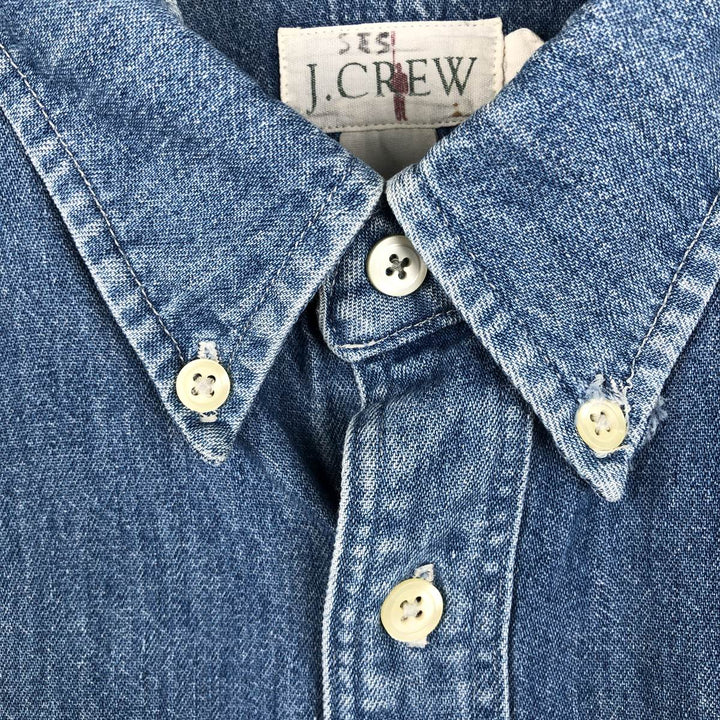 90'S J.Crew Long-Sleeve Button-Down Denim Shirt, Made in USA, Men's Size L (Equivalent), Vintage cotton blue type Vintage Second Hand