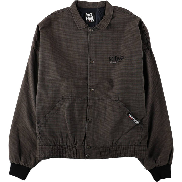 90s-era NO FEAR check pattern collared cotton jacket, made in USA, men's size L equivalent, vintage. cotton brown type Vintage Second Hand
