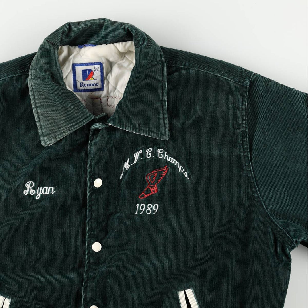 RENNOC Corduroy Button-Up Varsity Jacket, Made in USA, Men's Size L polyester green type Vintage Second Hand