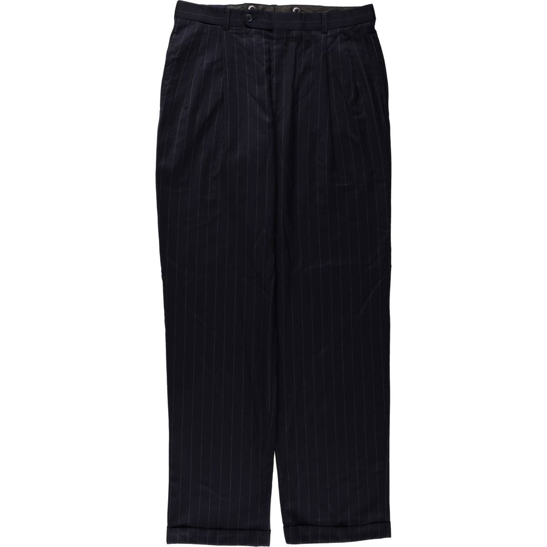 2000'S Lands' End Regular Stripe Pattern Two-Pleat Wool Trousers/Slacks, Made in Canada, Men's Size W33 (approx.) wool navy blue type Vintage Second Hand
