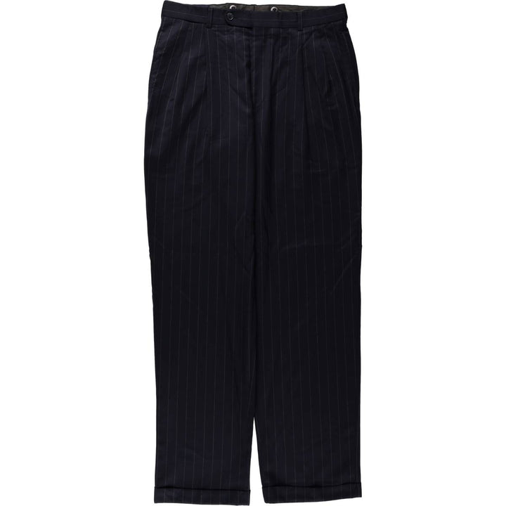 2000'S Lands' End Regular Stripe Pattern Two-Pleat Wool Trousers/Slacks, Made in Canada, Men's Size W33 (approx.) wool navy blue type Vintage Second Hand