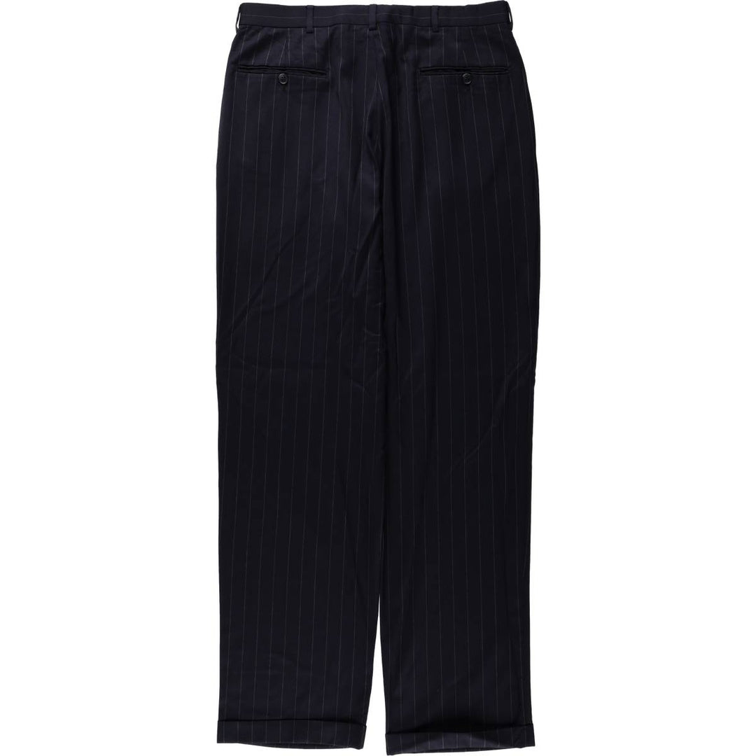 2000'S Lands' End Regular Stripe Pattern Two-Pleat Wool Trousers/Slacks, Made in Canada, Men's Size W33 (approx.) wool navy blue type Vintage Second Hand