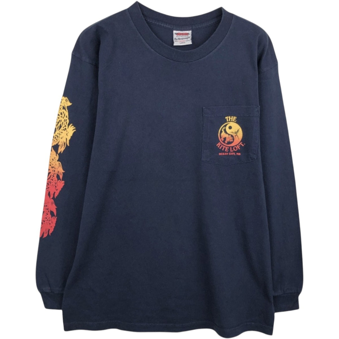 90'S Jensen Dragon Pattern Long-Sleeve T-Shirt, Made in USA, Men's Size L (Equivalent), Vintage cotton Navy blue Vintage Second Hand