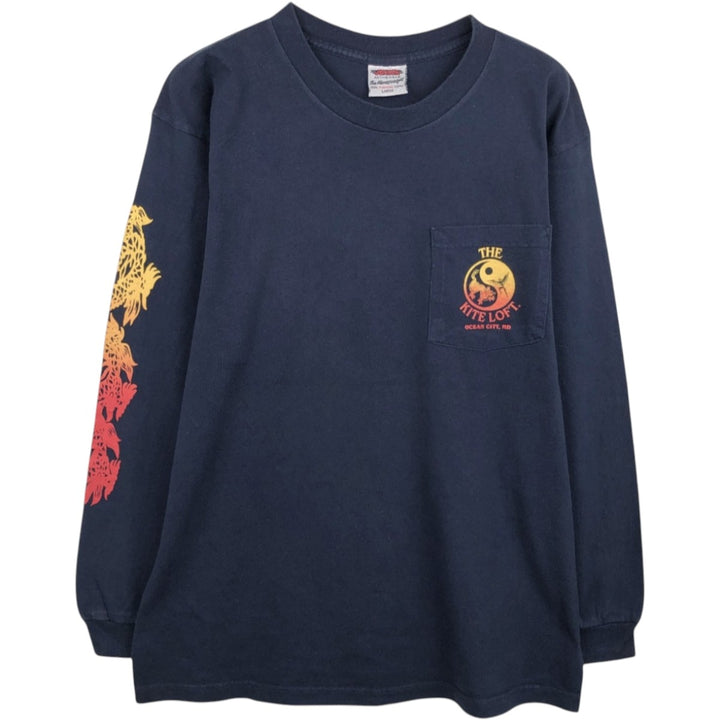 90'S Jensen Dragon Pattern Long-Sleeve T-Shirt, Made in USA, Men's Size L (Equivalent), Vintage cotton Navy blue Vintage Second Hand