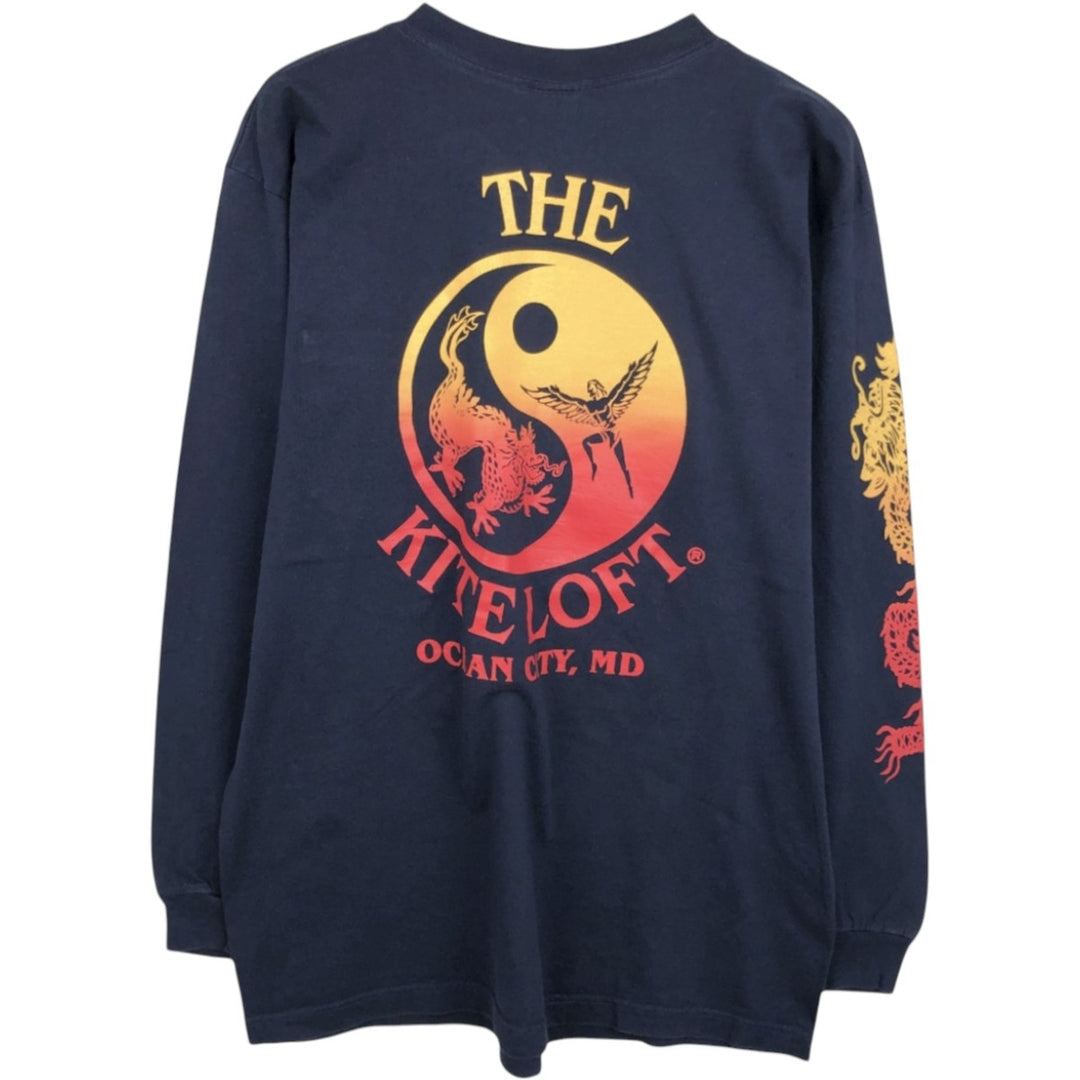 90'S Jensen Dragon Pattern Long-Sleeve T-Shirt, Made in USA, Men's Size L (Equivalent), Vintage cotton Navy blue Vintage Second Hand