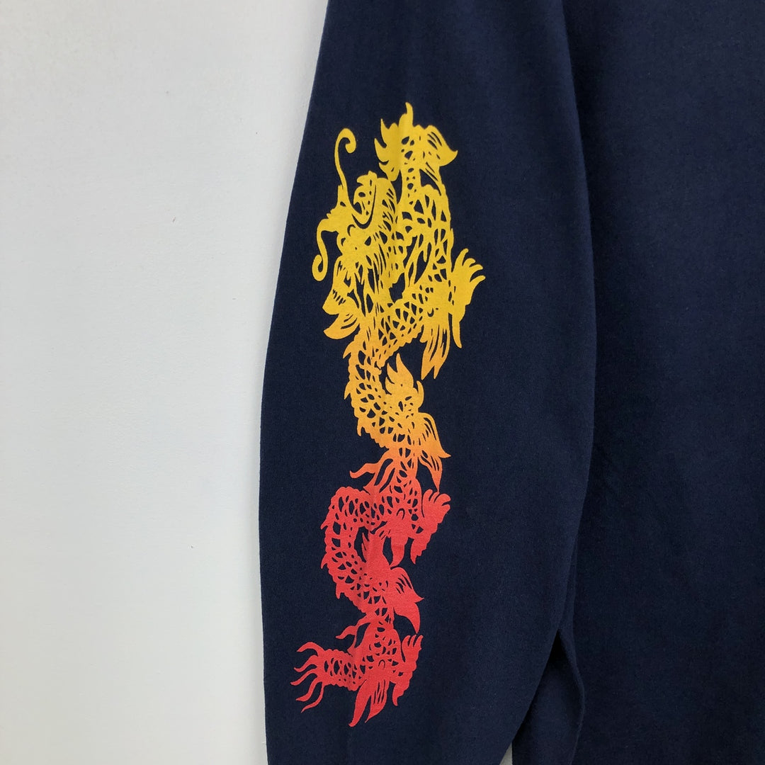 90'S Jensen Dragon Pattern Long-Sleeve T-Shirt, Made in USA, Men's Size L (Equivalent), Vintage cotton Navy blue Vintage Second Hand