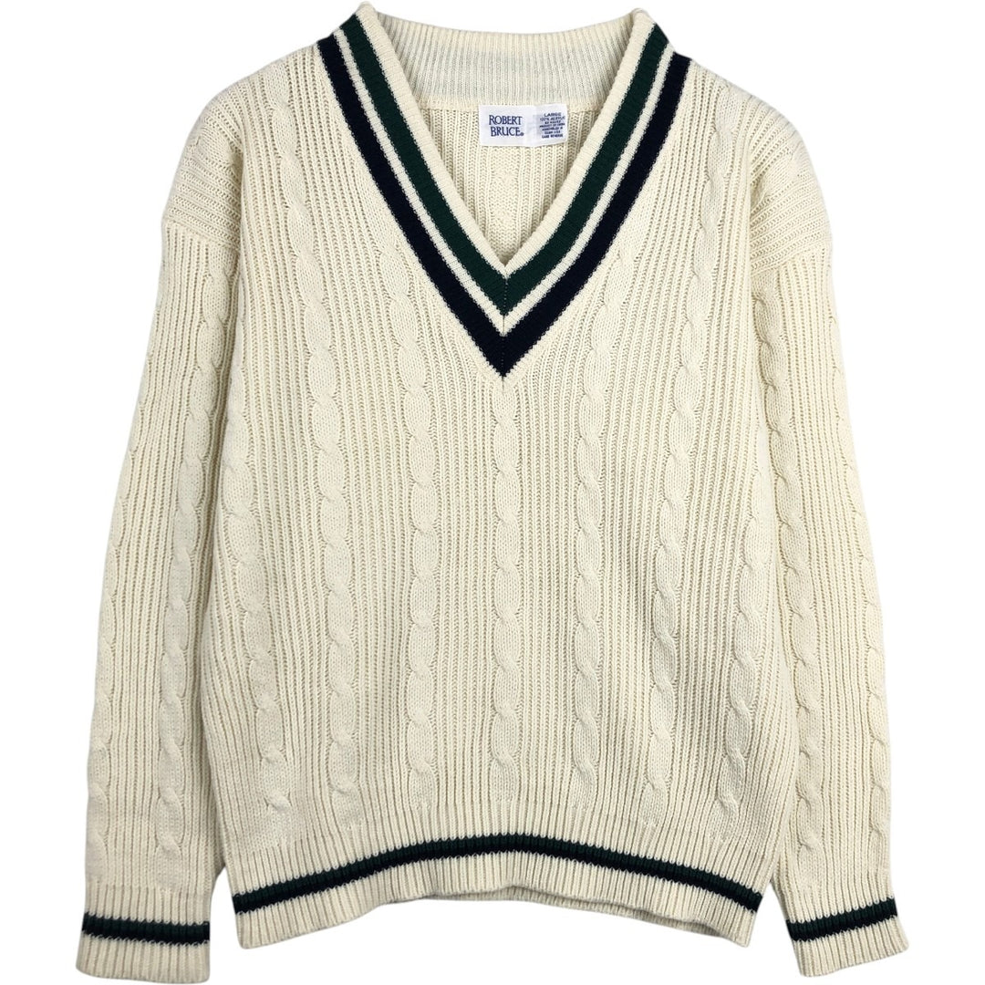 ROBERT BRUCE V-neck Tilden knit sweater, made in Guam, men's size L equivalent. acrylic ivory Vintage Second Hand