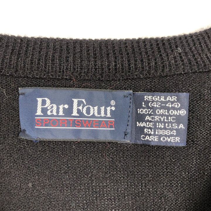 90s-80'S Par Four V-neck acrylic knit sweater, made in USA, men's size L equivalent, vintage. Oron Acrylic black type Vintage Second Hand