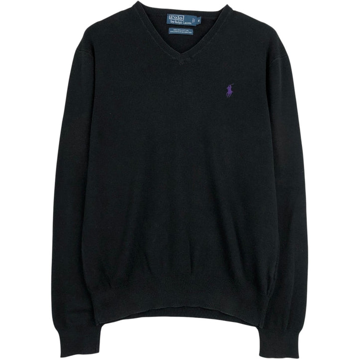 Ralph Lauren POLO by Ralph Lauren V-neck cotton knit sweater, men's size M Pima Cotton black type Vintage Second Hand