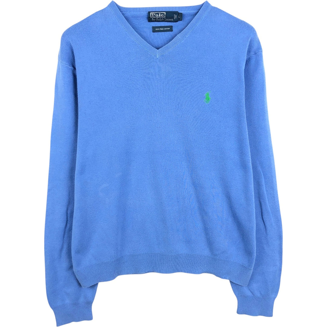 Ralph Lauren POLO by Ralph Lauren V-neck cotton knit sweater, men's size L Pima Cotton Blue type light blue Vintage Second Hand
