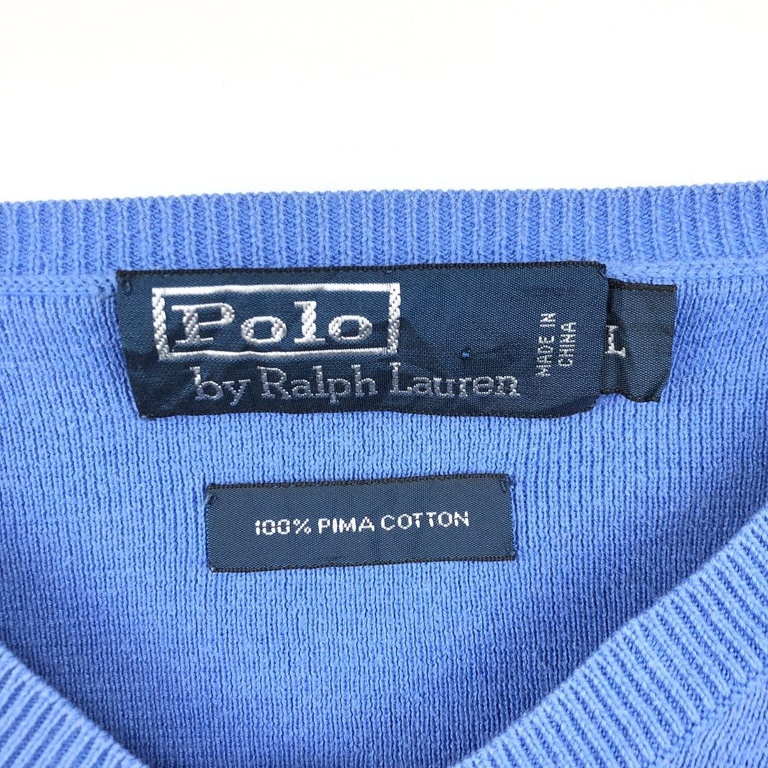 Ralph Lauren POLO by Ralph Lauren V-neck cotton knit sweater, men's size L Pima Cotton Blue type light blue Vintage Second Hand