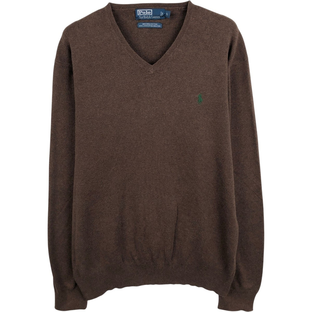 Ralph Lauren POLO by Ralph Lauren V-neck Pima cotton knit sweater, men's size L Pima Cotton brown type Vintage Second Hand