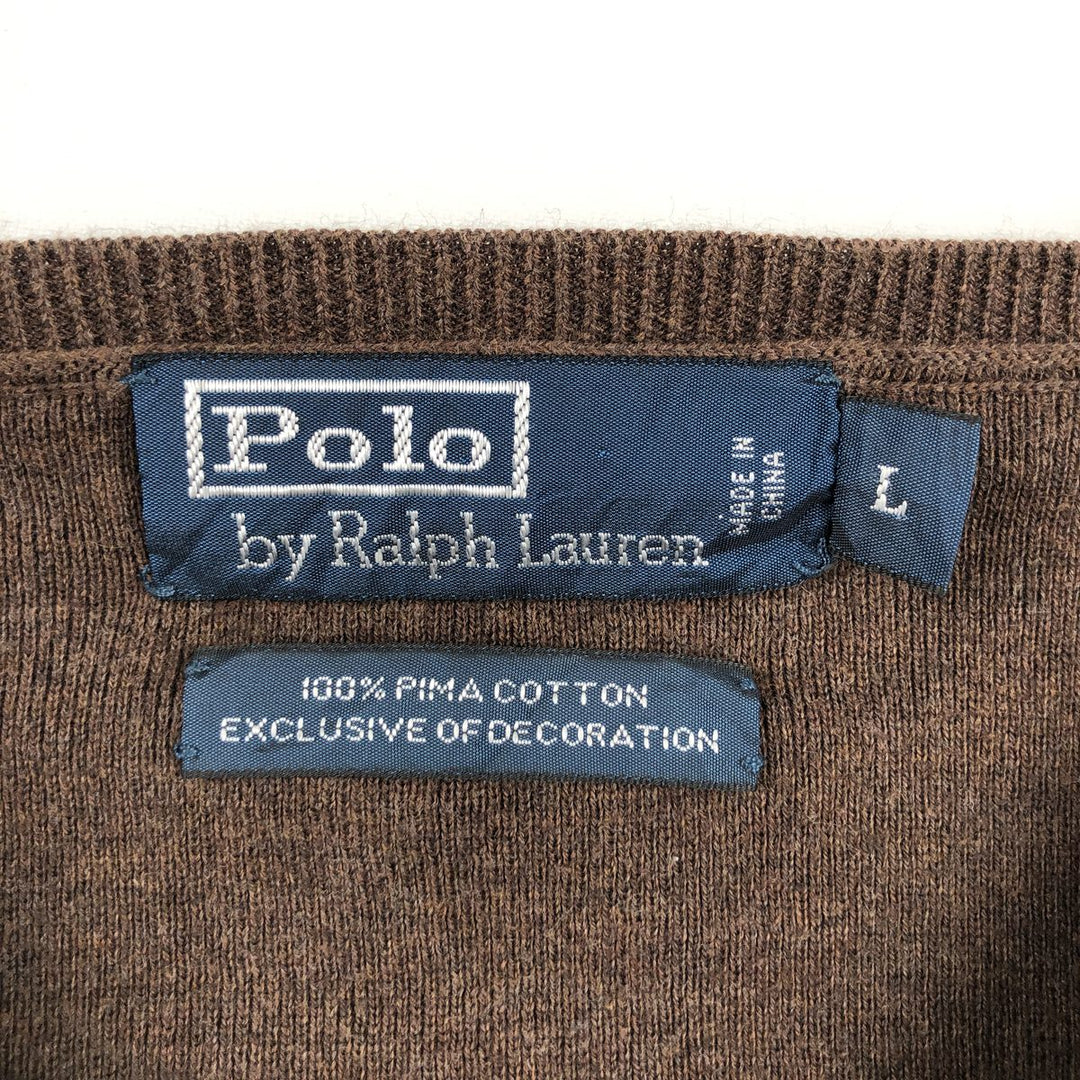 Ralph Lauren POLO by Ralph Lauren V-neck Pima cotton knit sweater, men's size L Pima Cotton brown type Vintage Second Hand