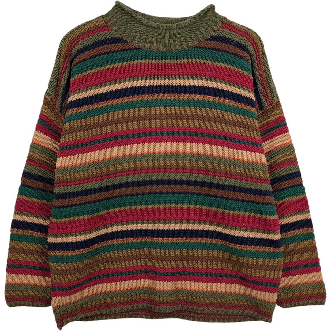 CHAUS JEANSWEAR Border Pattern Multi-Border Roll Neck Cotton x Ramie Knit Sweater (Men's Size L) Lamy Khaki type sage green Vintage Second Hand
