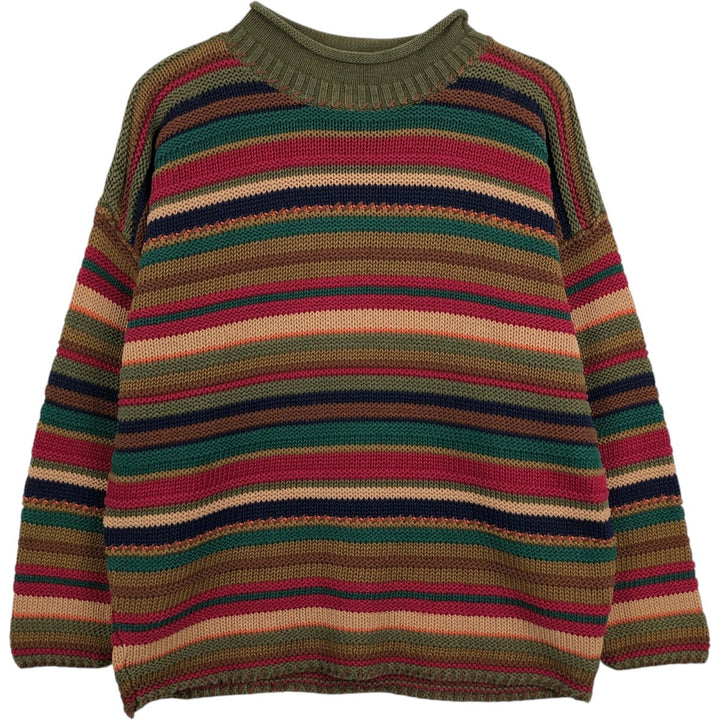CHAUS JEANSWEAR Border Pattern Multi-Border Roll Neck Cotton x Ramie Knit Sweater (Men's Size L) Lamy Khaki type sage green Vintage Second Hand