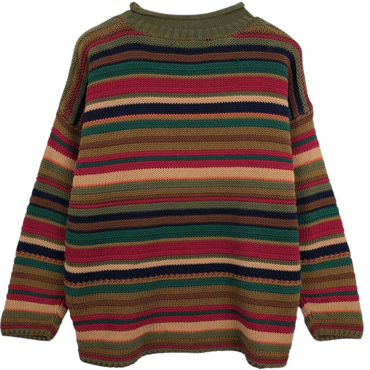 CHAUS JEANSWEAR Border Pattern Multi-Border Roll Neck Cotton x Ramie Knit Sweater (Men's Size L) Lamy Khaki type sage green Vintage Second Hand