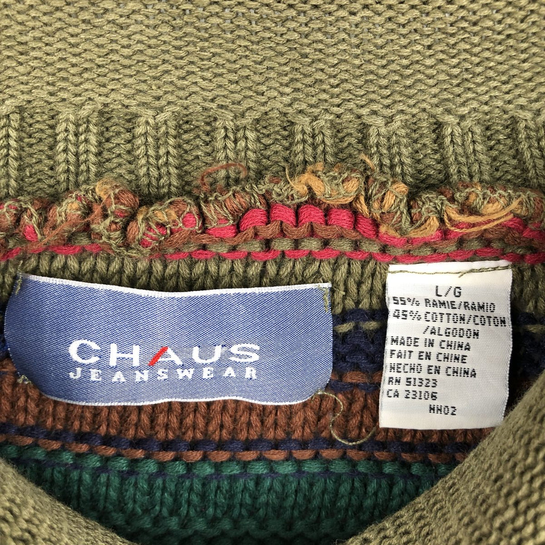 CHAUS JEANSWEAR Border Pattern Multi-Border Roll Neck Cotton x Ramie Knit Sweater (Men's Size L) Lamy Khaki type sage green Vintage Second Hand