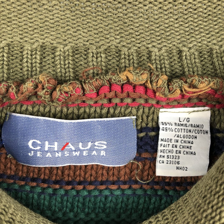 CHAUS JEANSWEAR Border Pattern Multi-Border Roll Neck Cotton x Ramie Knit Sweater (Men's Size L) Lamy Khaki type sage green Vintage Second Hand