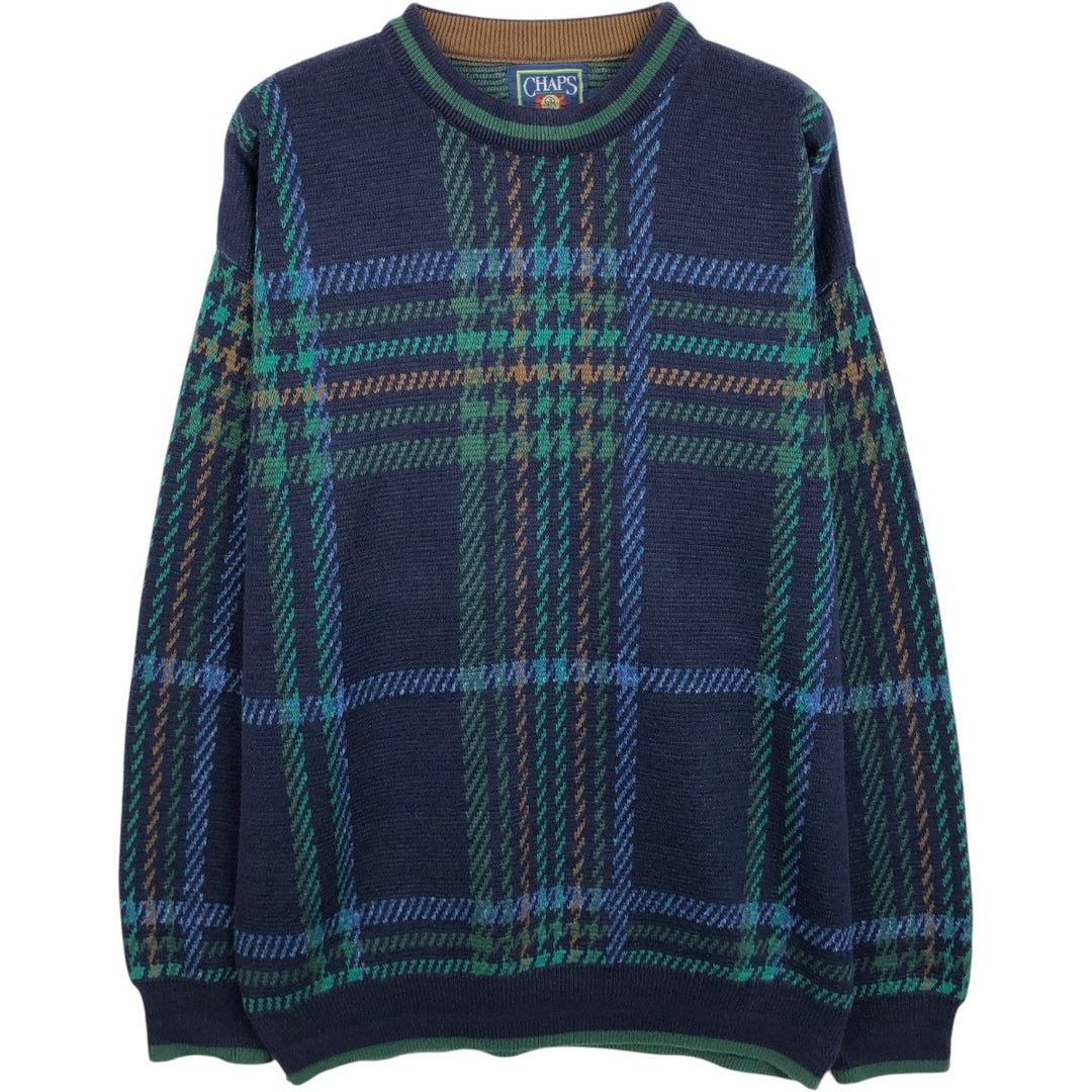1980'S Ralph Lauren CHAPS Check Pattern Cotton Knit Sweater, Made in USA, Men's Size L (approx.), Long Sleeve, Vintage cotton navy blue type Vintage Second Hand