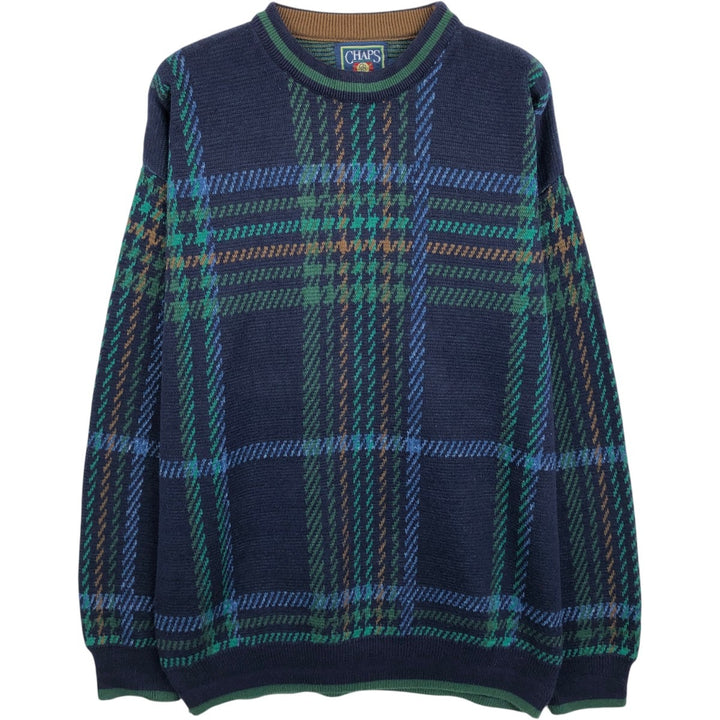 1980'S Ralph Lauren CHAPS Check Pattern Cotton Knit Sweater, Made in USA, Men's Size L (approx.), Long Sleeve, Vintage cotton navy blue type Vintage Second Hand