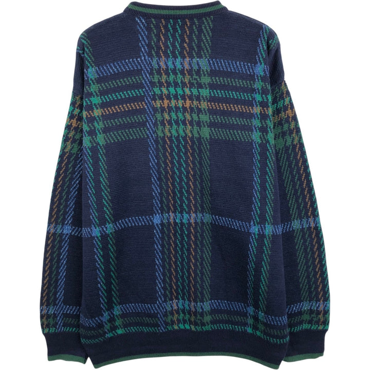 1980'S Ralph Lauren CHAPS Check Pattern Cotton Knit Sweater, Made in USA, Men's Size L (approx.), Long Sleeve, Vintage cotton navy blue type Vintage Second Hand