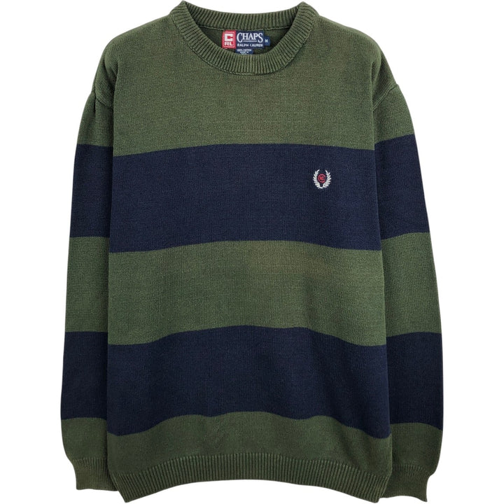 90'S Ralph Lauren CHAPS striped pattern cotton knit sweater, made in USA, men's size M equivalent, vintage. cotton Khaki type Vintage Second Hand