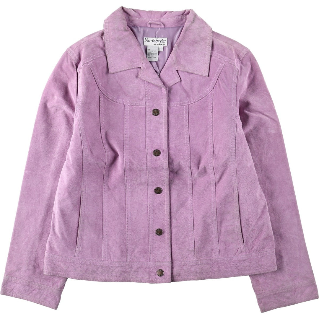 North Style Open Collar Suede Leather Jacket, Women's Size L (approx.) Genuine suede leather purple type Vintage Second Hand