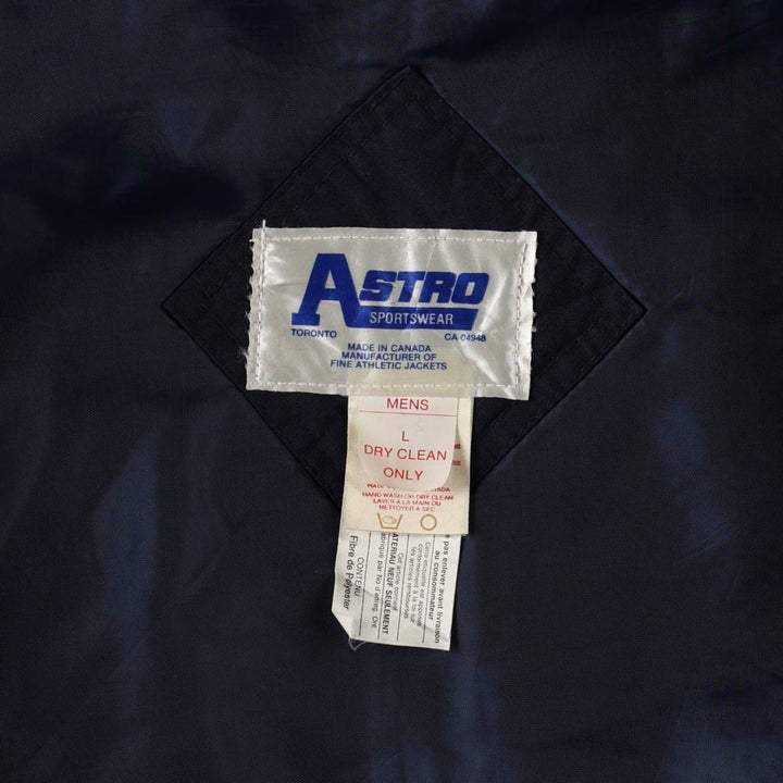 Vintage 80s-90'S ASTRO SPORTSWEAR MONROE advertising padded vest, made in Canada, men's size L equivalent. polyester navy blue type Vintage Second Hand