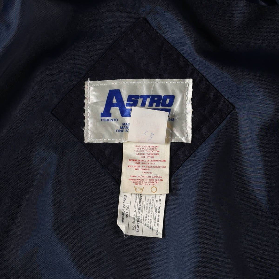 Vintage 80s-90'S ASTRO SPORTSWEAR MONROE advertising padded vest, made in Canada, men's size L equivalent. polyester navy blue type Vintage Second Hand