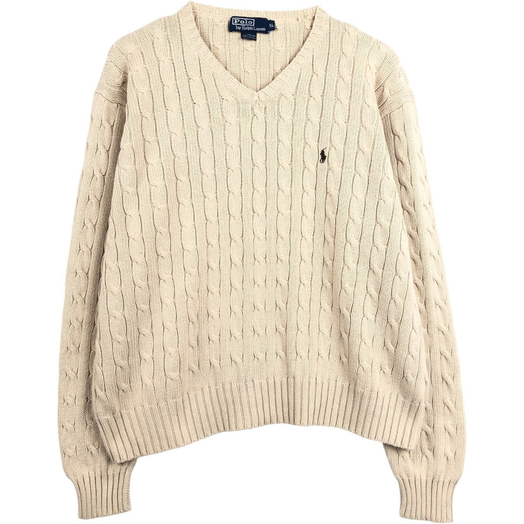 Ralph Lauren POLO by Ralph Lauren Cable Knit V-Neck Sweater, Men's Size XL (approx.) cotton Beige type Vintage Second Hand