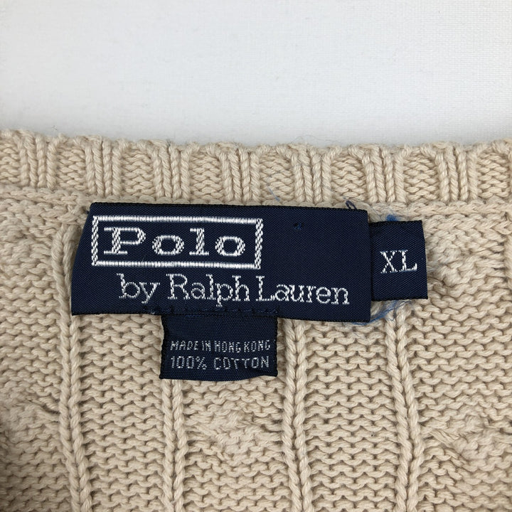 Ralph Lauren POLO by Ralph Lauren Cable Knit V-Neck Sweater, Men's Size XL (approx.) cotton Beige type Vintage Second Hand