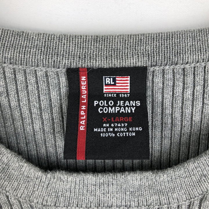 Ralph Lauren Polo Jeans Company Ribbed Cotton Knit Sweater, Men's Size XL cotton gray type Vintage Second Hand