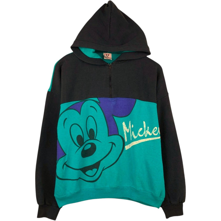 2000'S Disney Wear Mickey Mouse character sweatshirt half-zip hoodie, made in USA, men's size L equivalent. polyester black type Vintage Second Hand