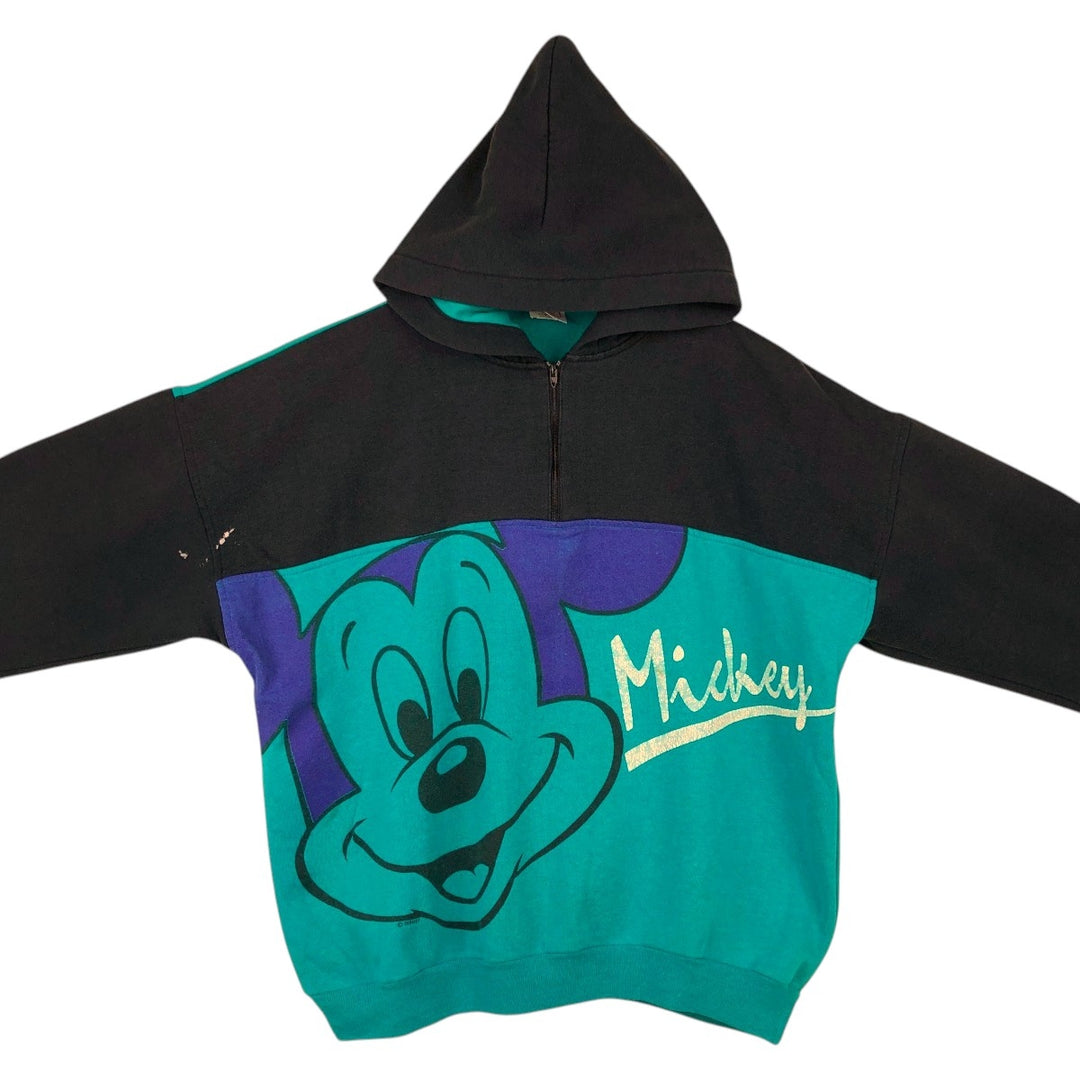 2000'S Disney Wear Mickey Mouse character sweatshirt half-zip hoodie, made in USA, men's size L equivalent. polyester black type Vintage Second Hand