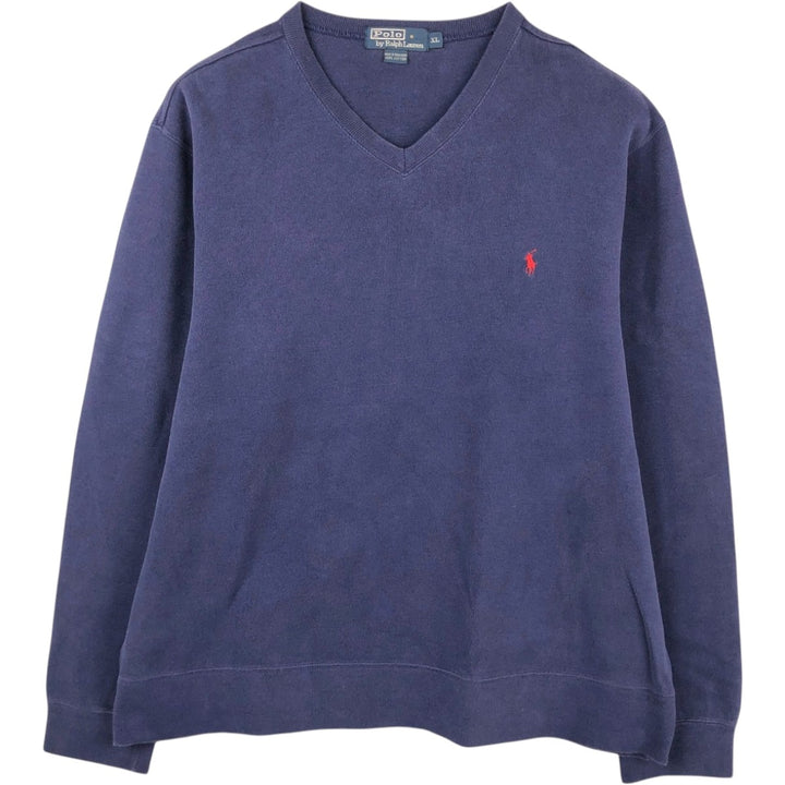 Ralph Lauren POLO by Ralph Lauren One-Point Logo Sweatshirt, Men's Size XL (approx.), V-Neck cotton navy blue type Vintage Second Hand