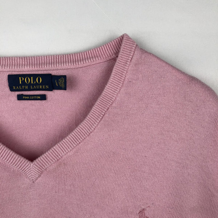 Ralph Lauren POLO RALPH LAUREN V-neck cotton knit sweater, women's size L (approx.) Pima Cotton pink type Vintage Second Hand