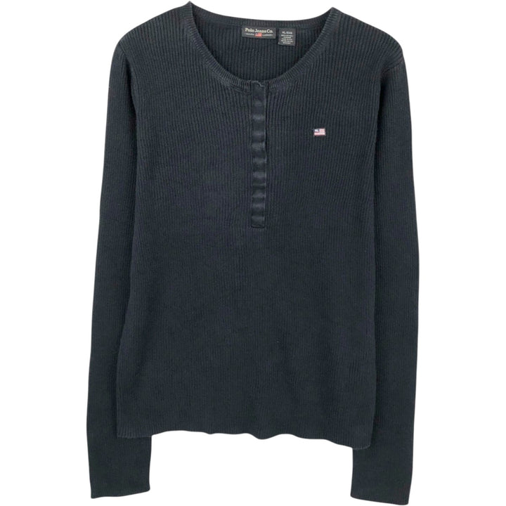 Ralph Lauren POLO JEANS COMPANY Ribbed Henley Neck Cotton Knit Sweater, Women's Size XL (approx.) cotton black type Vintage Second Hand