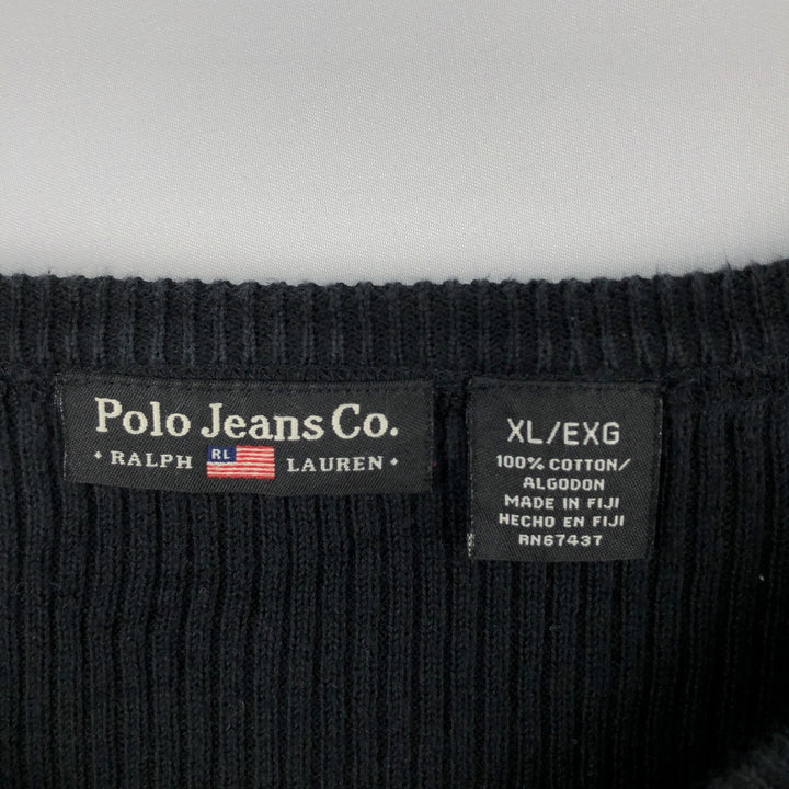 Ralph Lauren POLO JEANS COMPANY Ribbed Henley Neck Cotton Knit Sweater, Women's Size XL (approx.) cotton black type Vintage Second Hand