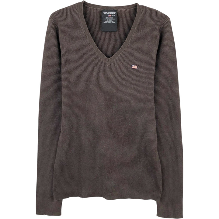 Ralph Lauren POLO JEANS COMPANY Ribbed V-Neck Cotton Knit Sweater, Women's Size M (approx.) cotton brown type Vintage Second Hand