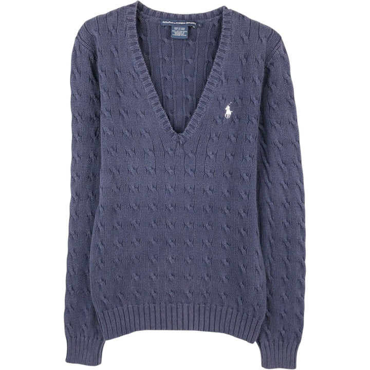 Ralph Lauren RALPH LAUREN SPORT Cable knit V-neck cotton knit sweater Women's M size cotton navy blue type Vintage Second Hand