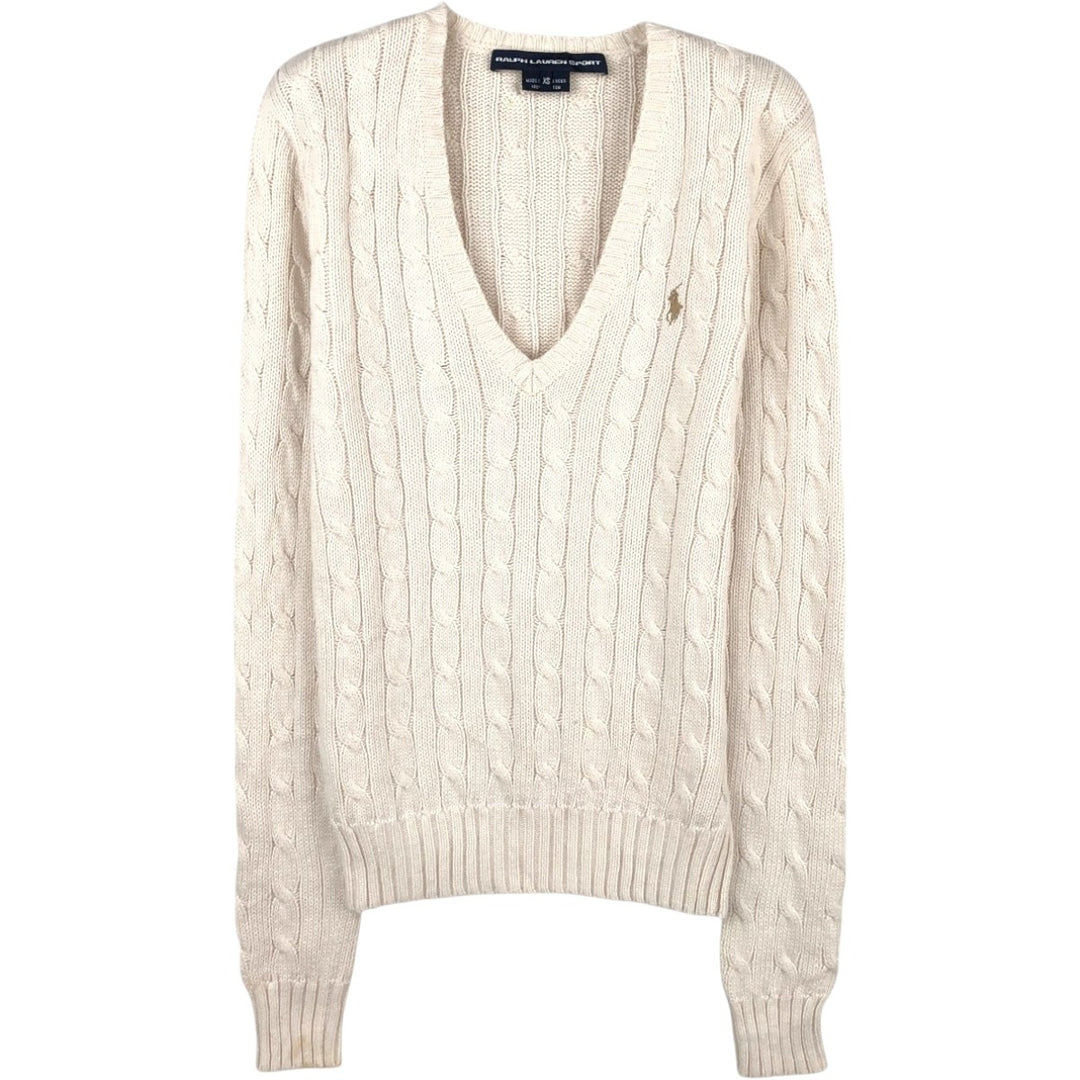 Ralph Lauren RALPH LAUREN SPORT Cable Knit V-Neck Cotton Sweater, Women's Size XS (approx.) cotton ivory Vintage Second Hand
