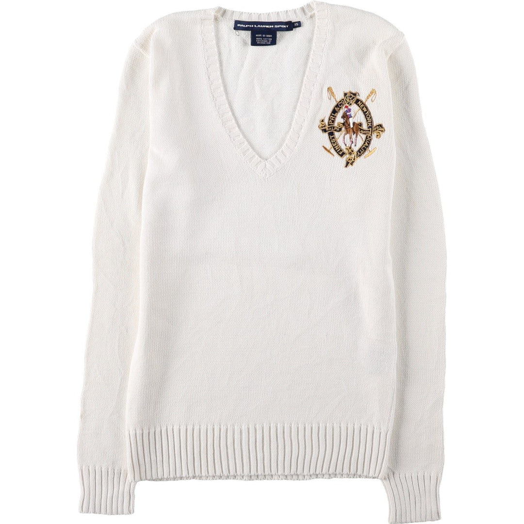 Ralph Lauren RALPH LAUREN SPORT V-neck cotton knit sweater, women's size XS (approx.) cotton white type Vintage Second Hand