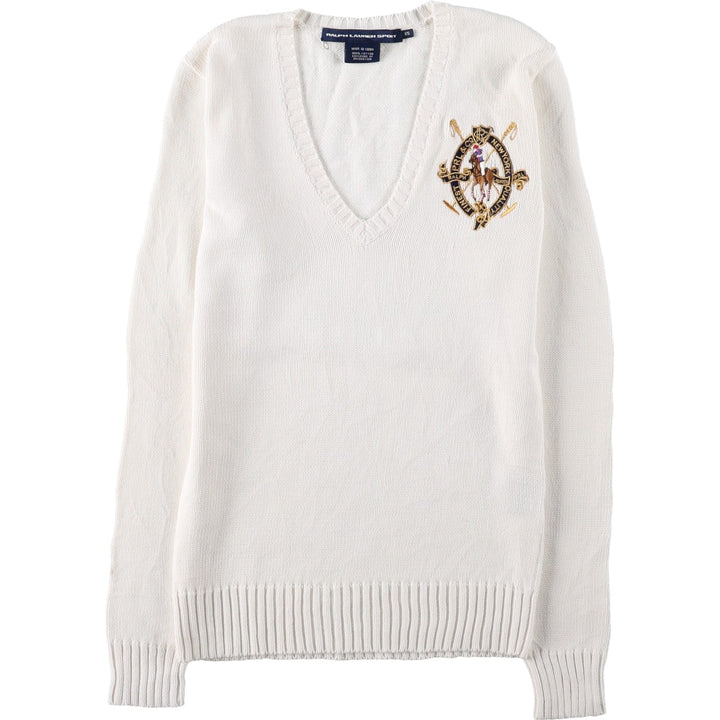 Ralph Lauren RALPH LAUREN SPORT V-neck cotton knit sweater, women's size XS (approx.) cotton white type Vintage Second Hand
